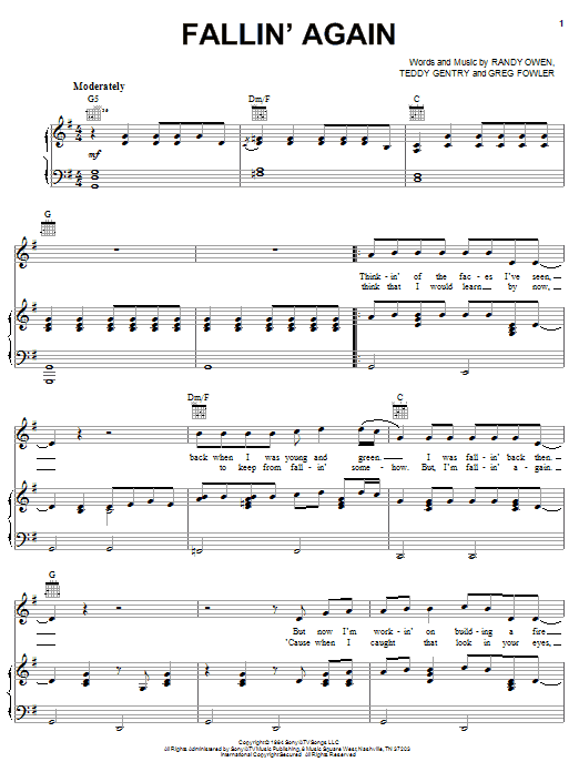 Download Alabama Fallin' Again Sheet Music and learn how to play Piano, Vocal & Guitar (Right-Hand Melody) PDF digital score in minutes