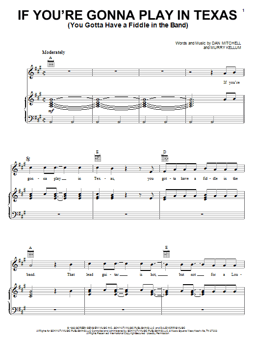 Download Alabama If You're Gonna Play In Texas (You Gotta Have A Fiddle In The Band) Sheet Music and learn how to play Melody Line, Lyrics & Chords PDF digital score in minutes