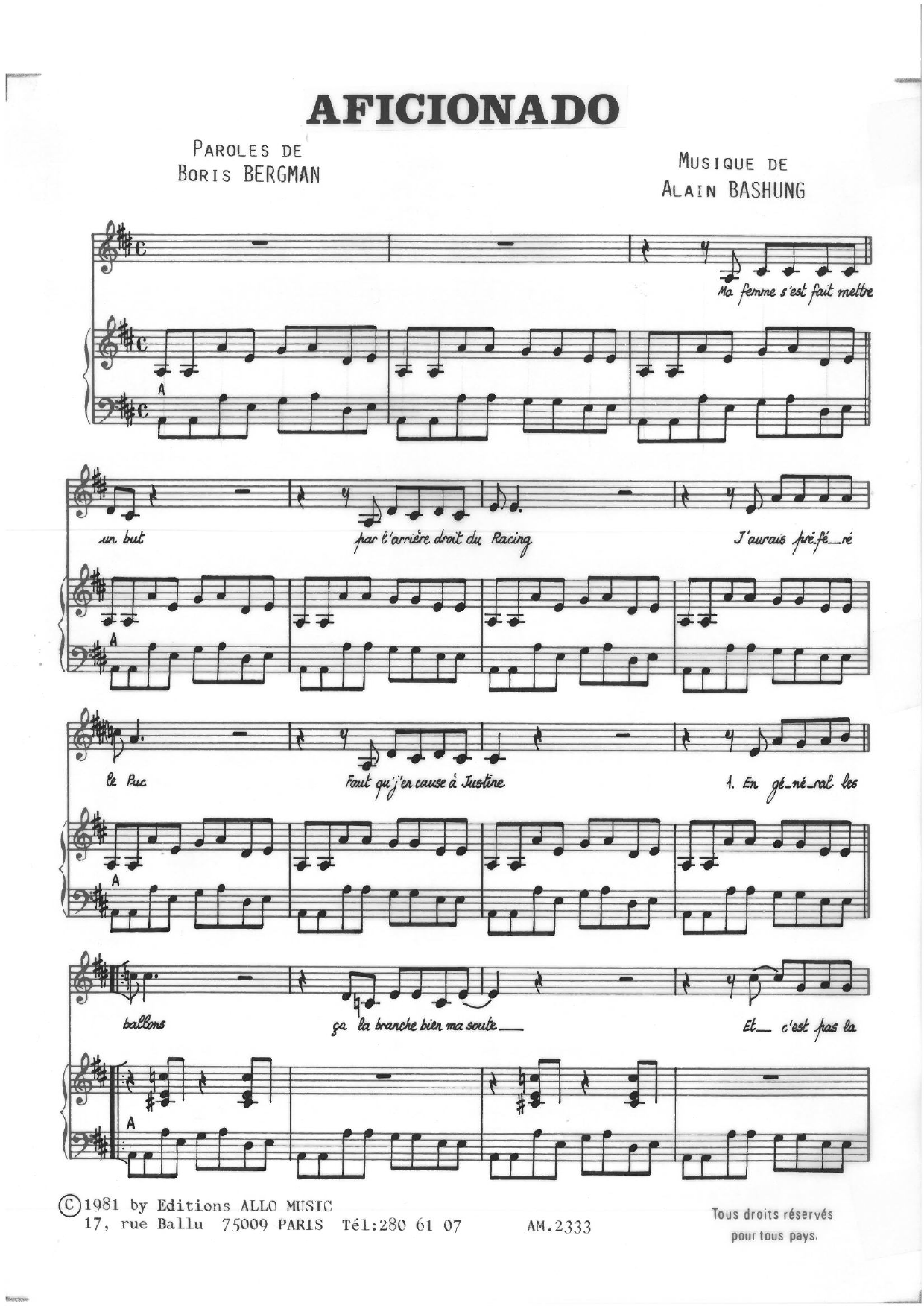 Download Alain Bashung Aficionado Sheet Music and learn how to play Piano & Vocal PDF digital score in minutes