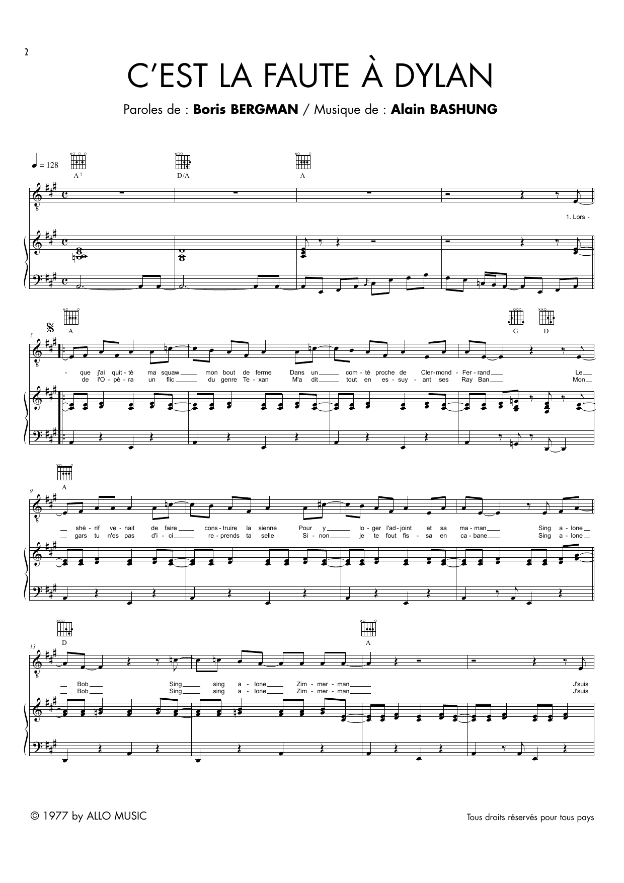Download Alain Bashung C'est La Faute A Dylan Sheet Music and learn how to play Piano & Vocal PDF digital score in minutes