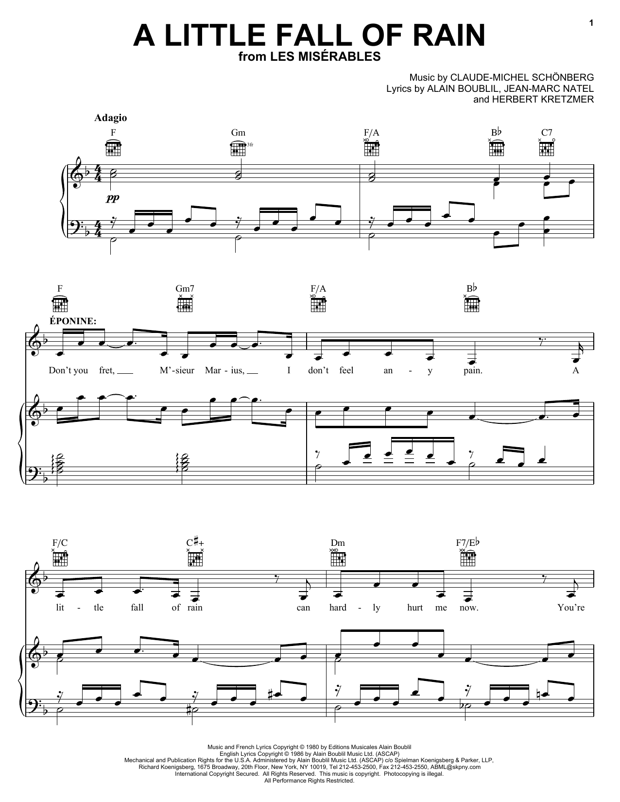 Download Boublil and Schonberg A Little Fall Of Rain (from Les Miserables) Sheet Music and learn how to play Piano, Vocal & Guitar PDF digital score in minutes