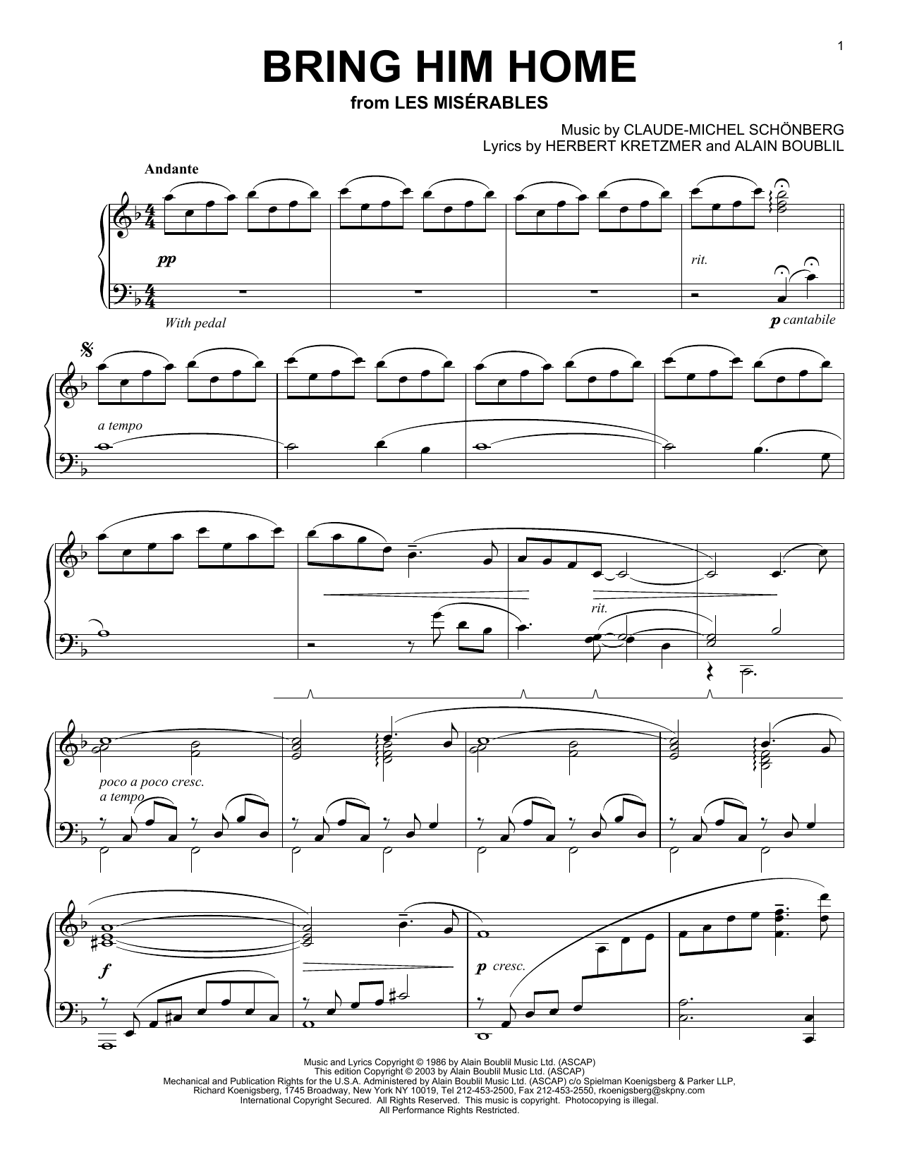 Download Alain Boublil Bring Him Home Sheet Music and learn how to play Cello PDF digital score in minutes