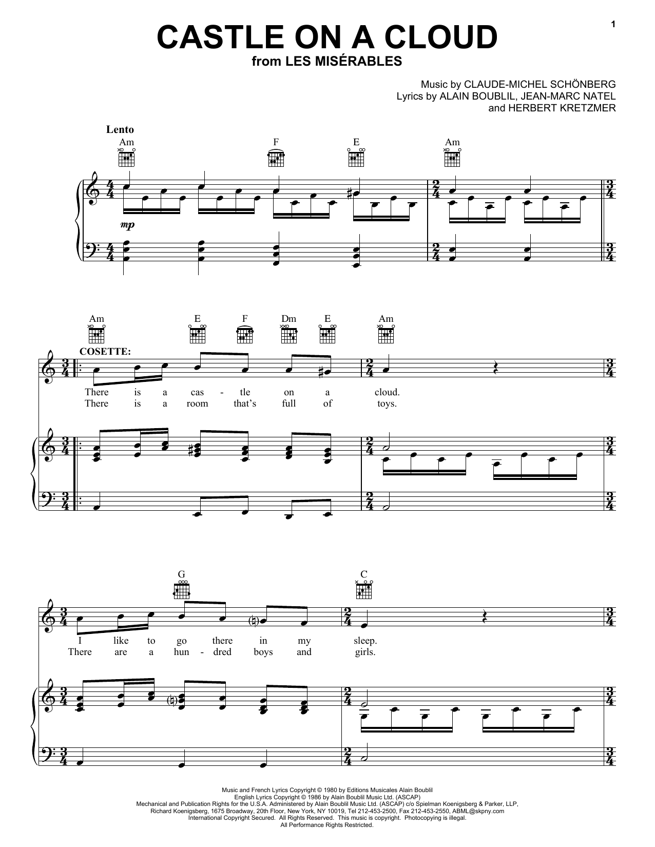 Download Boublil and Schonberg Castle On A Cloud Sheet Music and learn how to play Piano, Vocal & Guitar (Right-Hand Melody) PDF digital score in minutes
