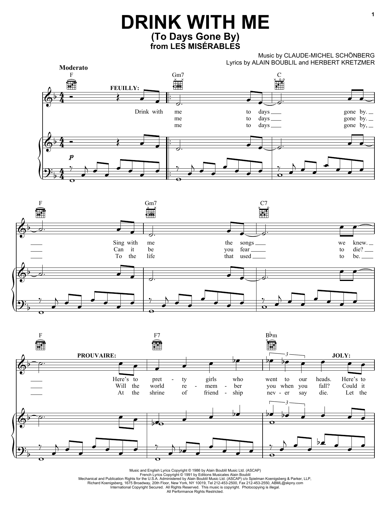 Download Boublil and Schonberg Drink With Me (To Days Gone By) (from Les Miserables) Sheet Music and learn how to play Piano, Vocal & Guitar (Right-Hand Melody) PDF digital score in minutes