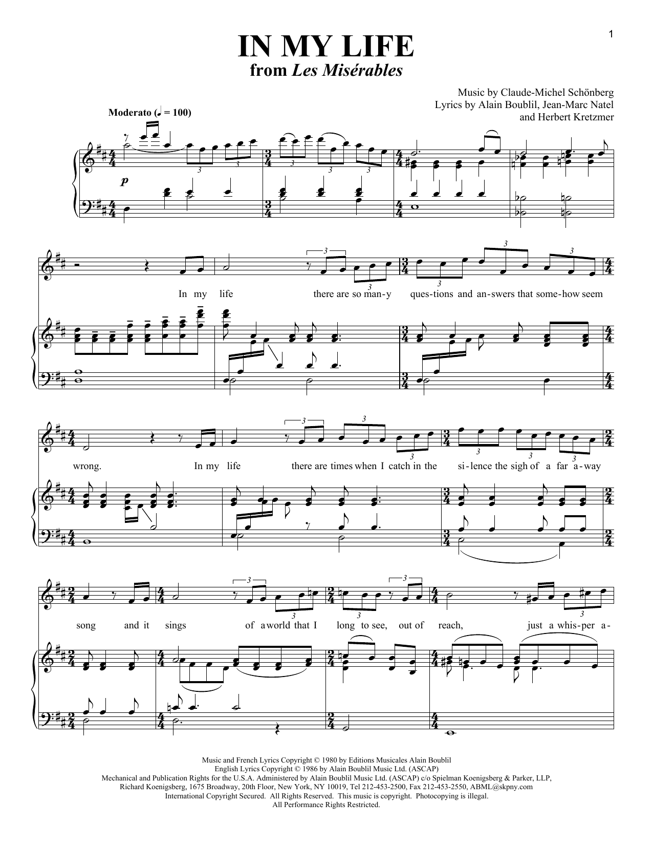 Download Alain Boublil In My Life (from Les Miserables) Sheet Music and learn how to play Piano & Vocal PDF digital score in minutes