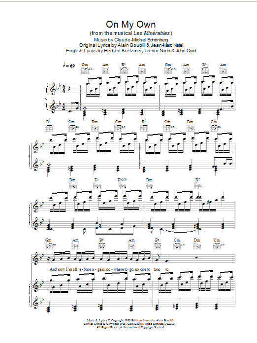 Download Boublil and Schonberg On My Own Sheet Music and learn how to play Lyrics & Chords PDF digital score in minutes