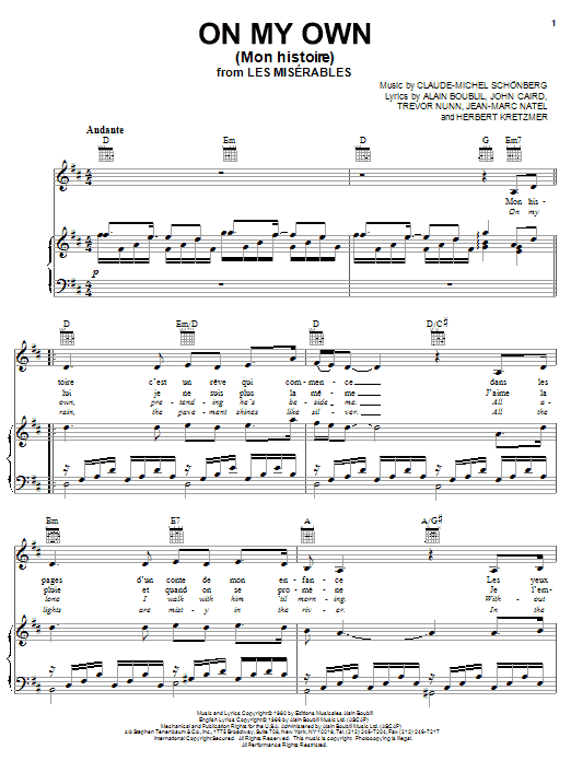 Download Boublil and Schonberg On My Own Sheet Music and learn how to play Piano, Vocal & Guitar (Right-Hand Melody) PDF digital score in minutes