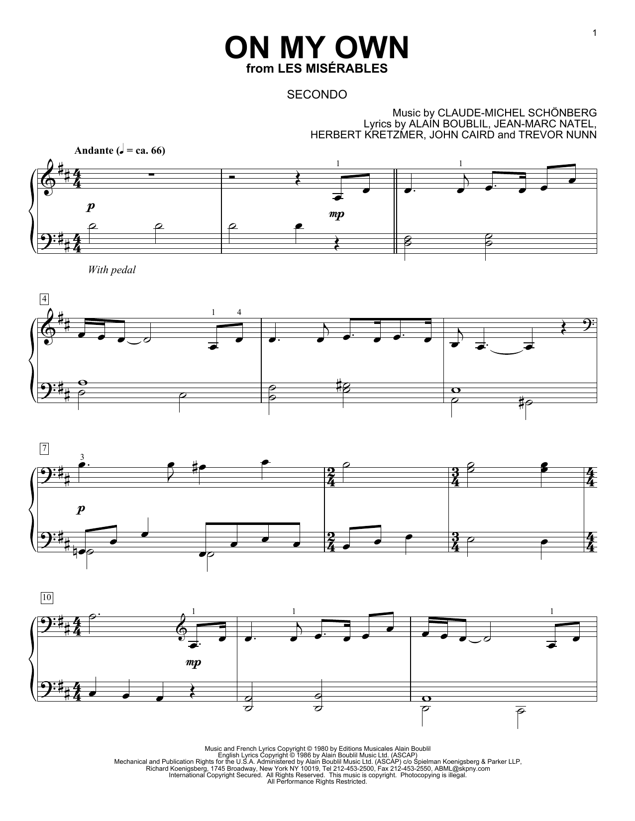Download Boublil and Schonberg On My Own Sheet Music and learn how to play Piano Duet PDF digital score in minutes