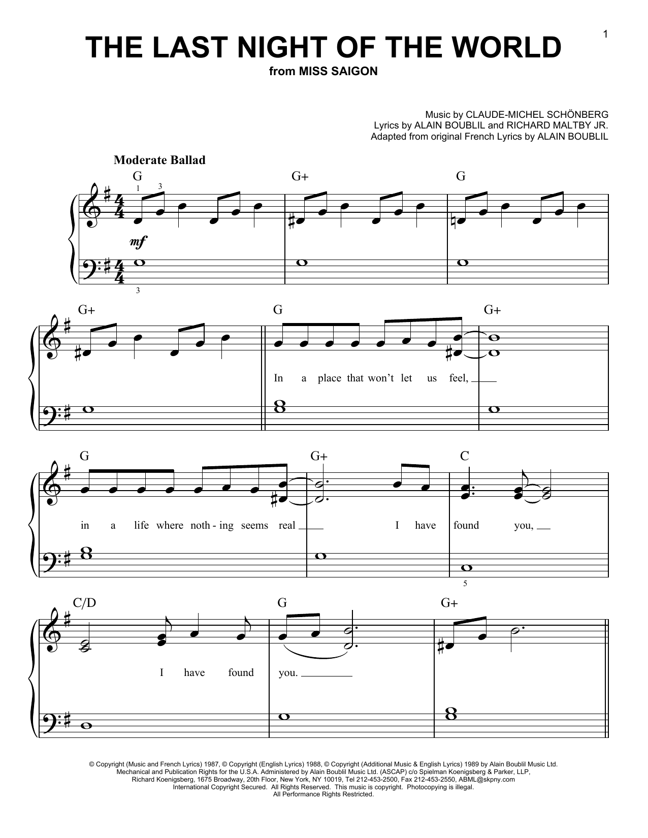 Download Boublil and Schonberg The Last Night Of The World Sheet Music and learn how to play Easy Piano PDF digital score in minutes