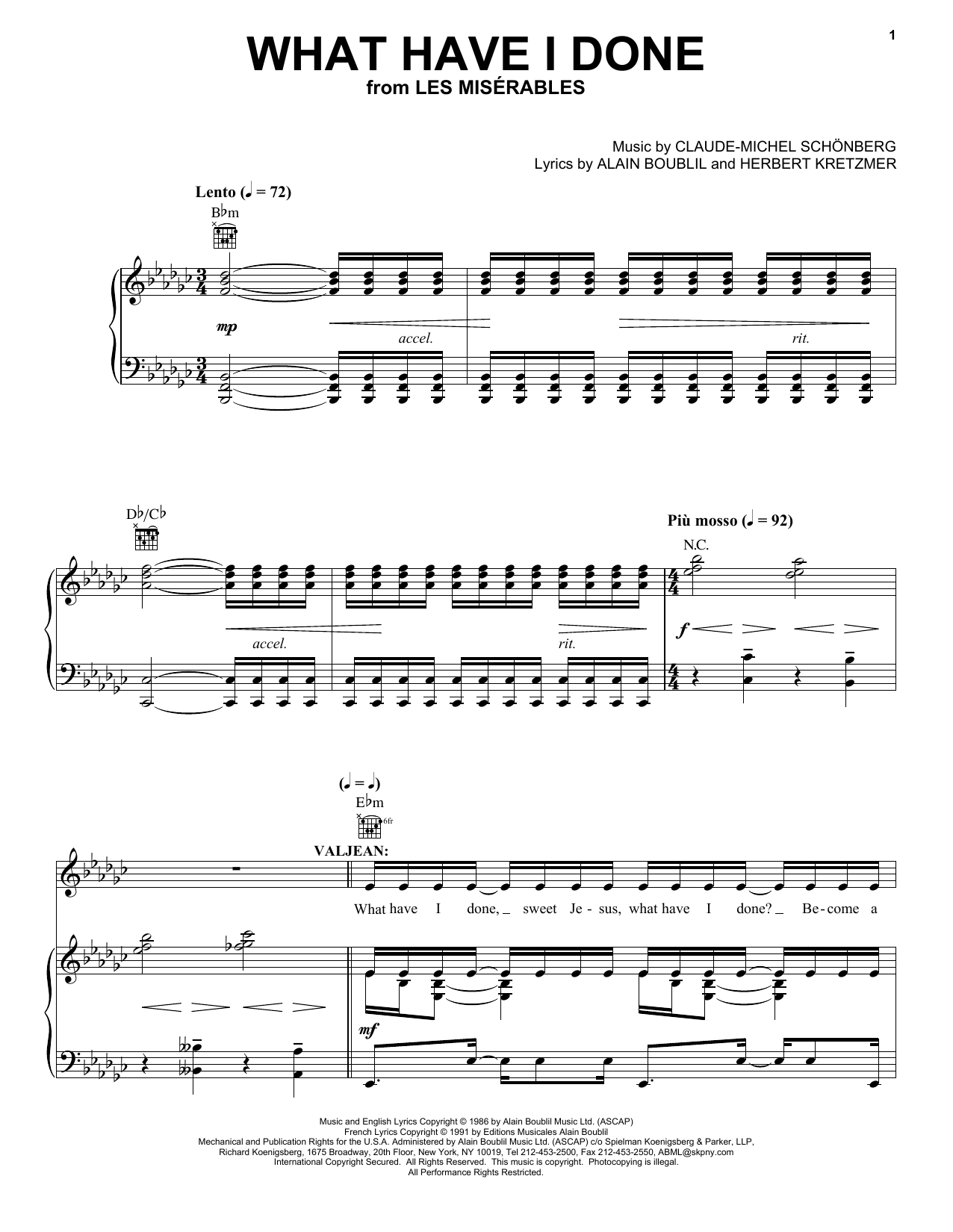 Download Boublil and Schonberg What Have I Done Sheet Music and learn how to play Piano, Vocal & Guitar (Right-Hand Melody) PDF digital score in minutes