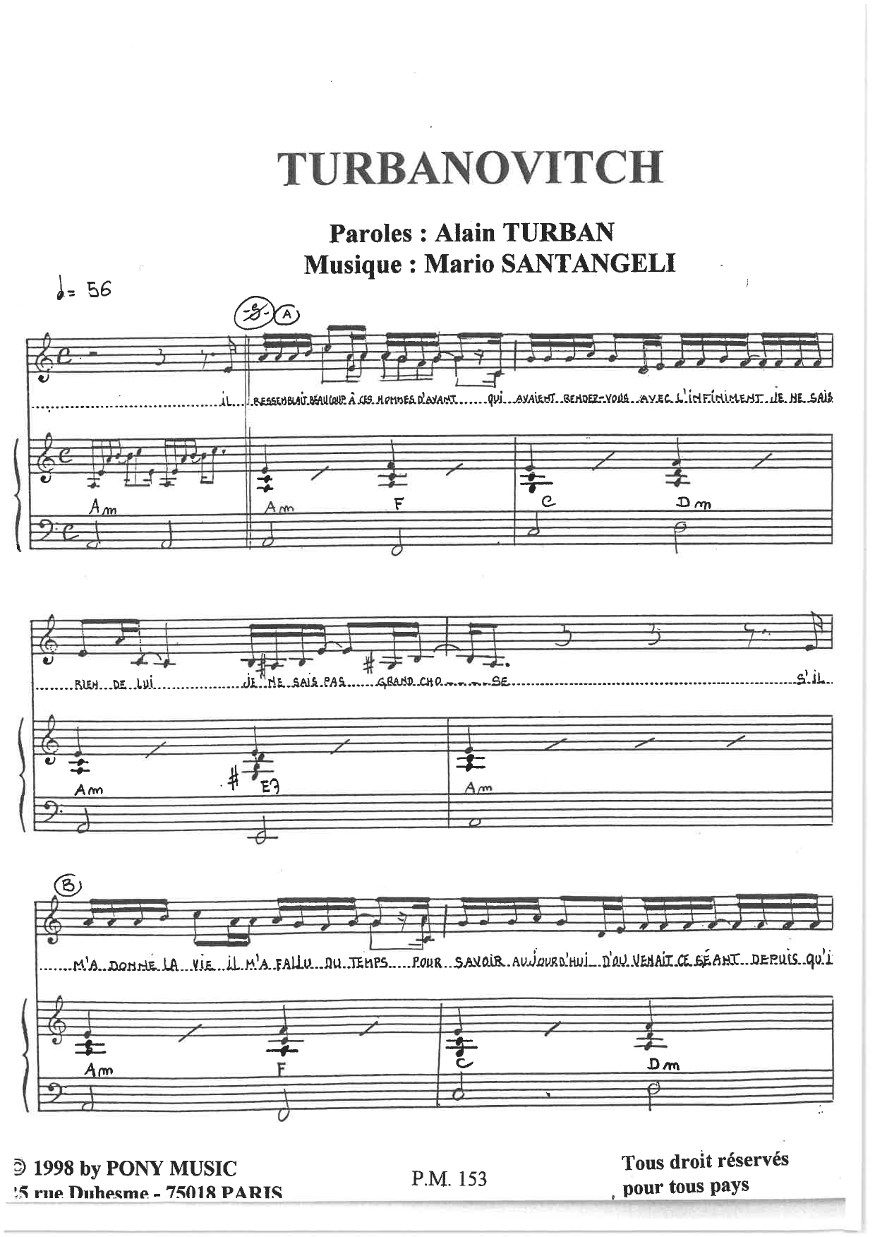 Download Alain Turban and Mario Santangeli Turbanovitch Sheet Music and learn how to play Piano & Vocal PDF digital score in minutes