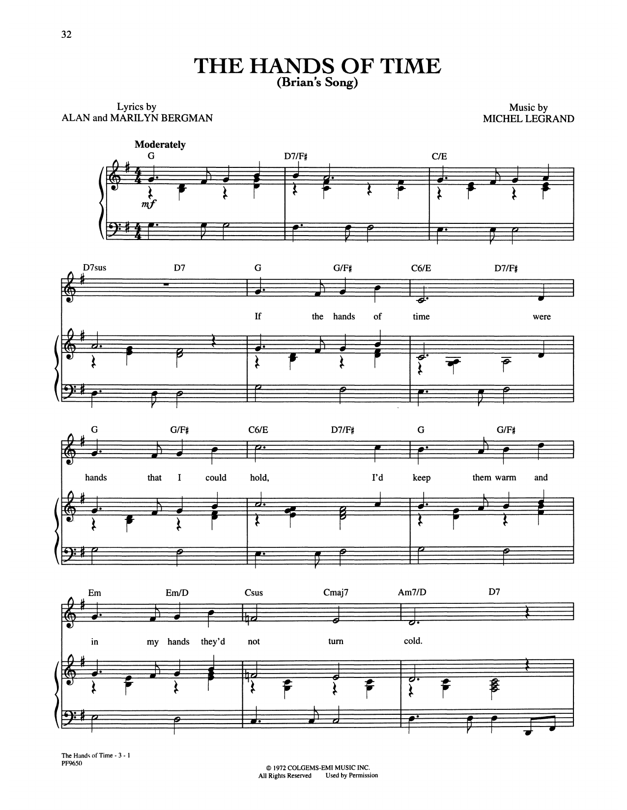 Download Alan and Marilyn Bergman and Michel Legrand Hands Of Time Sheet Music and learn how to play Piano, Vocal & Guitar Chords (Right-Hand Melody) PDF digital score in minutes