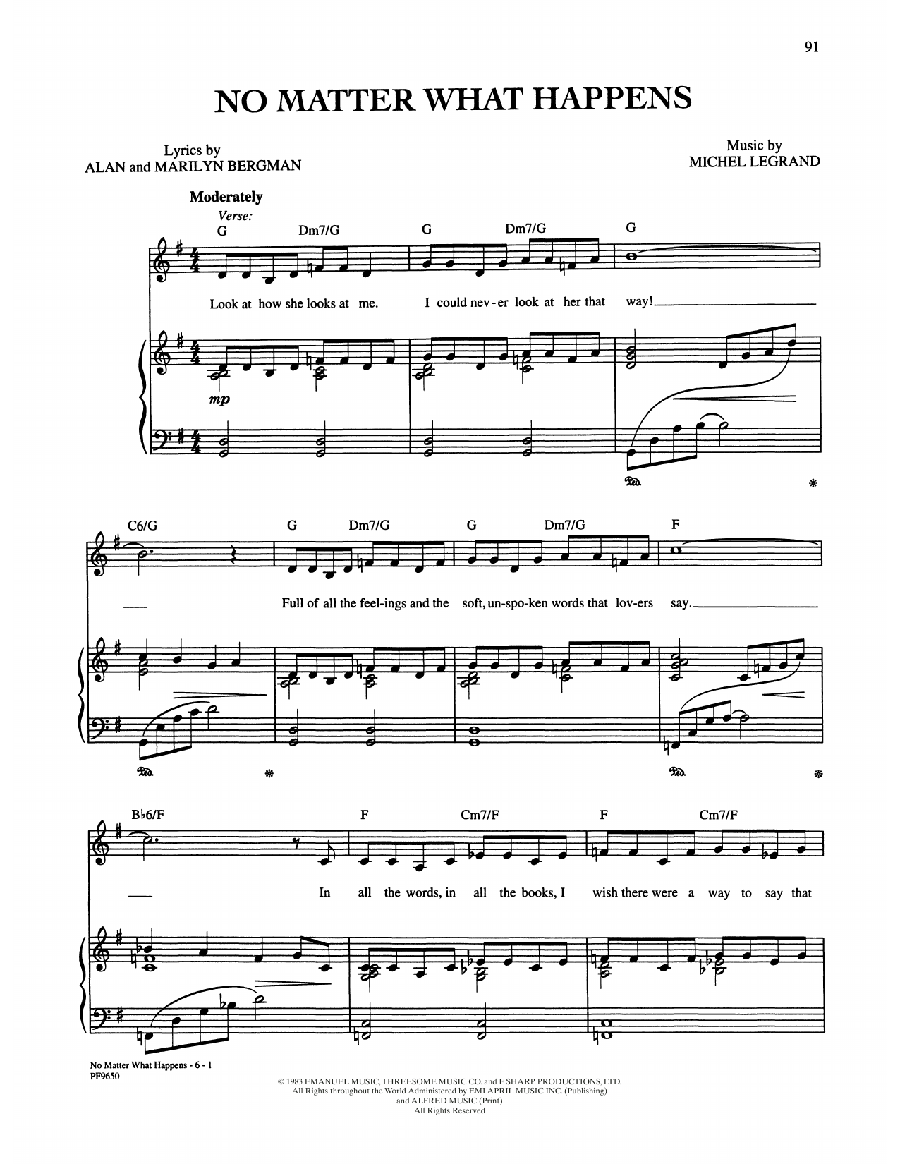Download Alan and Marilyn Bergman and Michel Legrand No Matter What Happens Sheet Music and learn how to play Piano, Vocal & Guitar Chords (Right-Hand Melody) PDF digital score in minutes