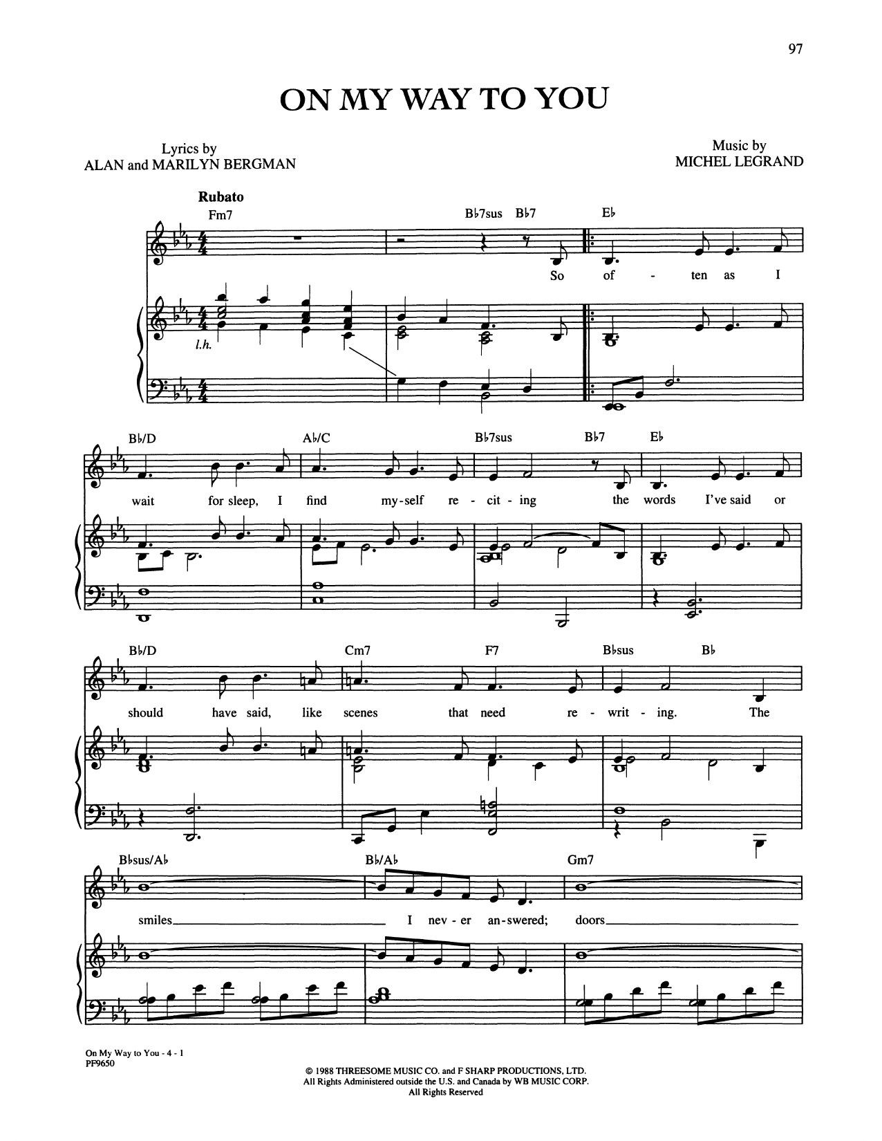 Download Alan and Marilyn Bergman and Michel Legrand On My Way To You Sheet Music and learn how to play Piano, Vocal & Guitar Chords (Right-Hand Melody) PDF digital score in minutes