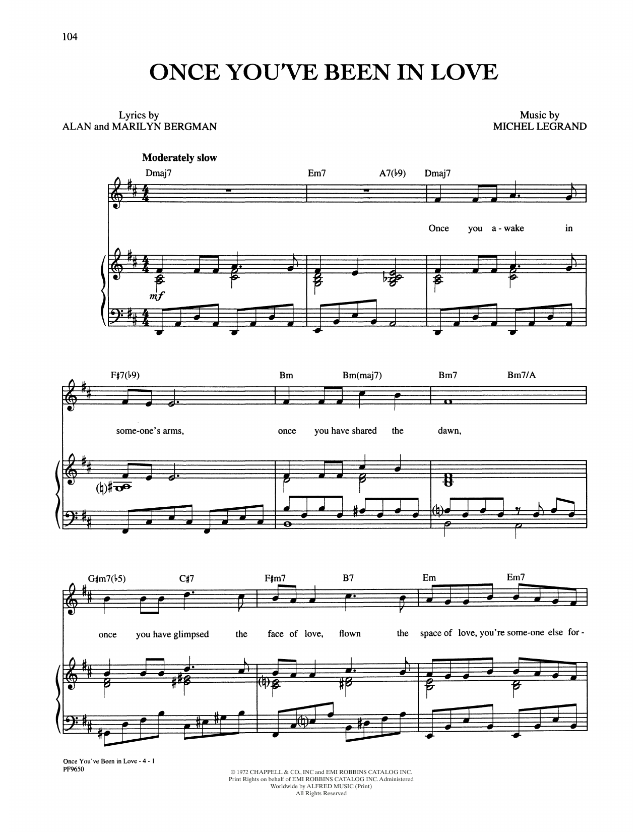 Download Alan and Marilyn Bergman and Michel Legrand Once You've Been In Love Sheet Music and learn how to play Piano, Vocal & Guitar Chords (Right-Hand Melody) PDF digital score in minutes