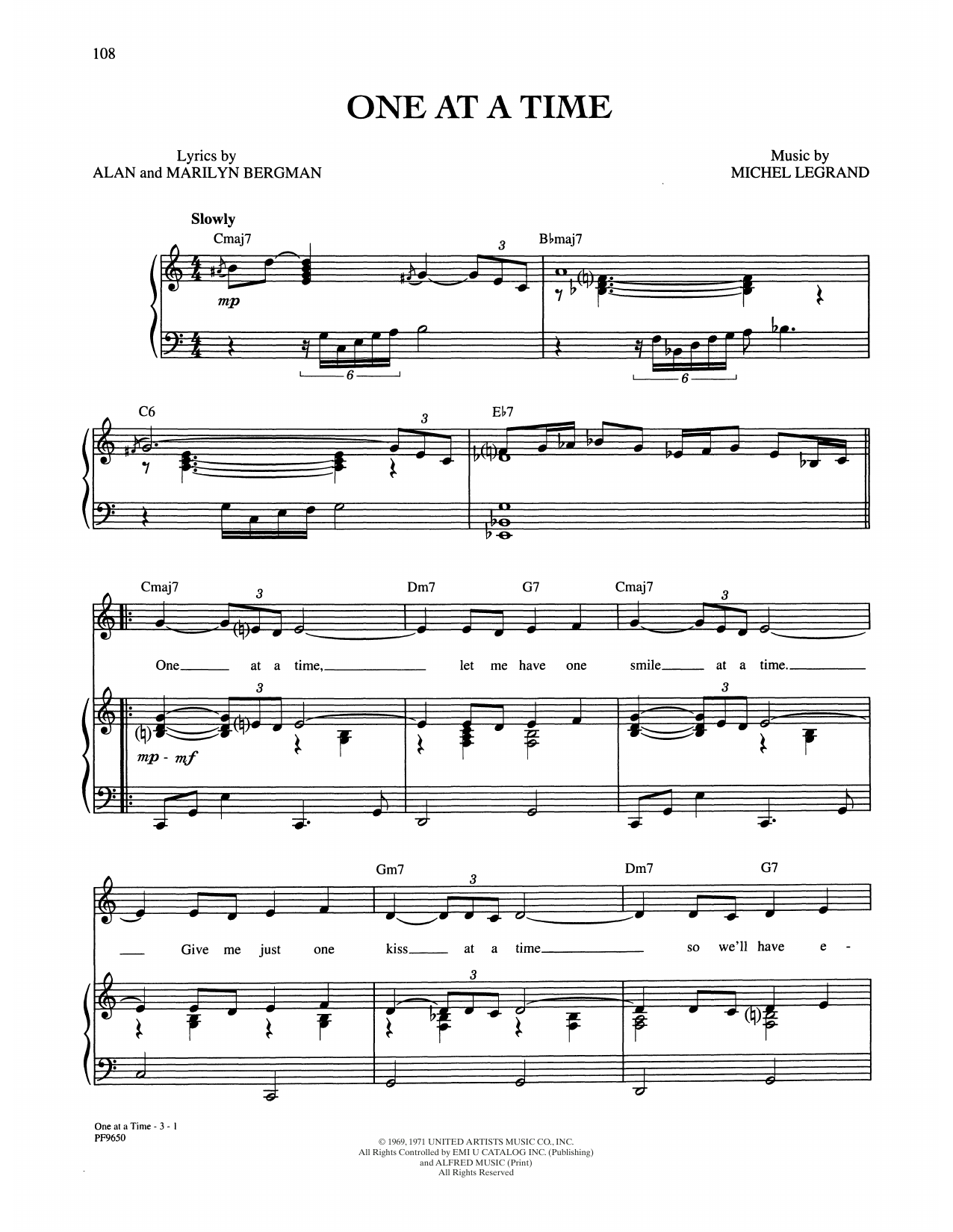Download Alan and Marilyn Bergman and Michel Legrand One At A Time Sheet Music and learn how to play Piano, Vocal & Guitar Chords (Right-Hand Melody) PDF digital score in minutes