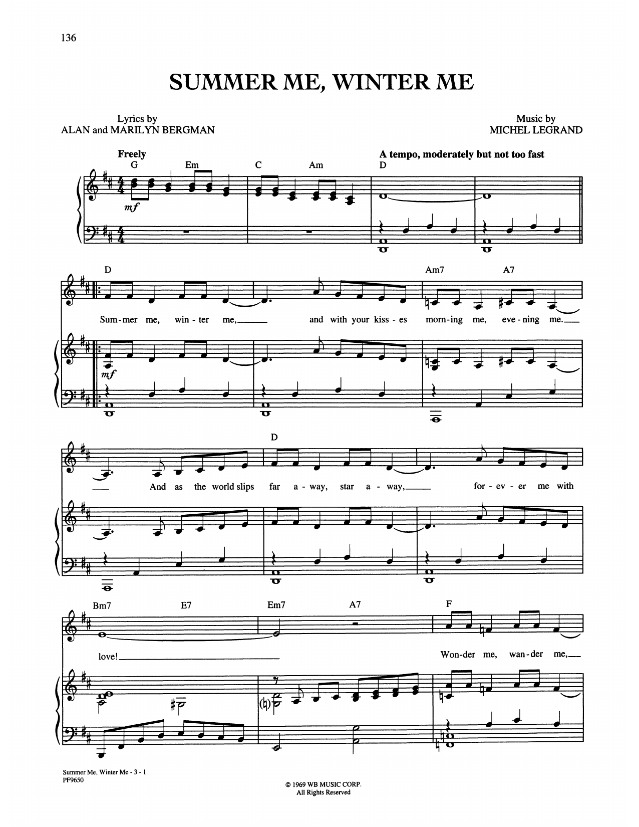 Download Alan and Marilyn Bergman and Michel Legrand Summer Me, Winter Me Sheet Music and learn how to play Piano, Vocal & Guitar Chords (Right-Hand Melody) PDF digital score in minutes