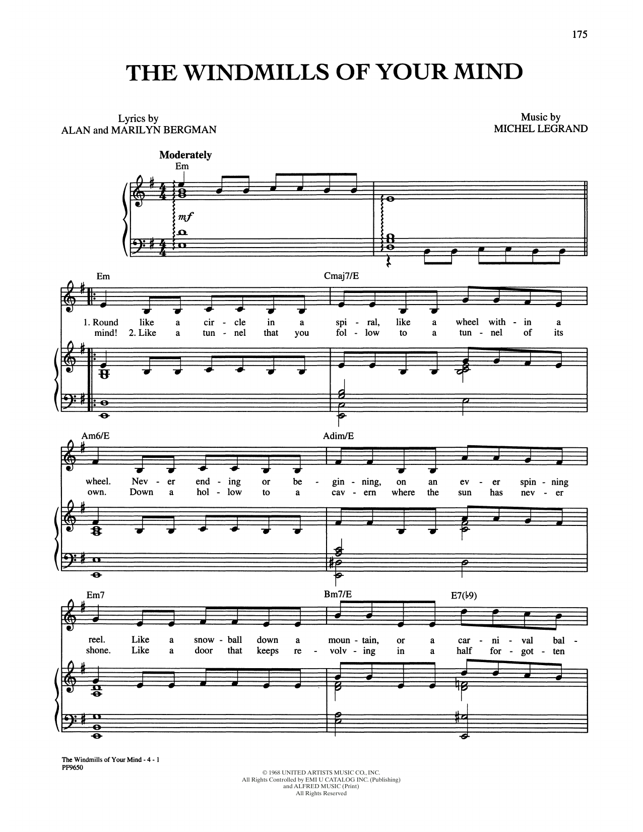 Download Alan and Marilyn Bergman and Michel Legrand The Windmills Of Your Mind Sheet Music and learn how to play Piano, Vocal & Guitar Chords (Right-Hand Melody) PDF digital score in minutes