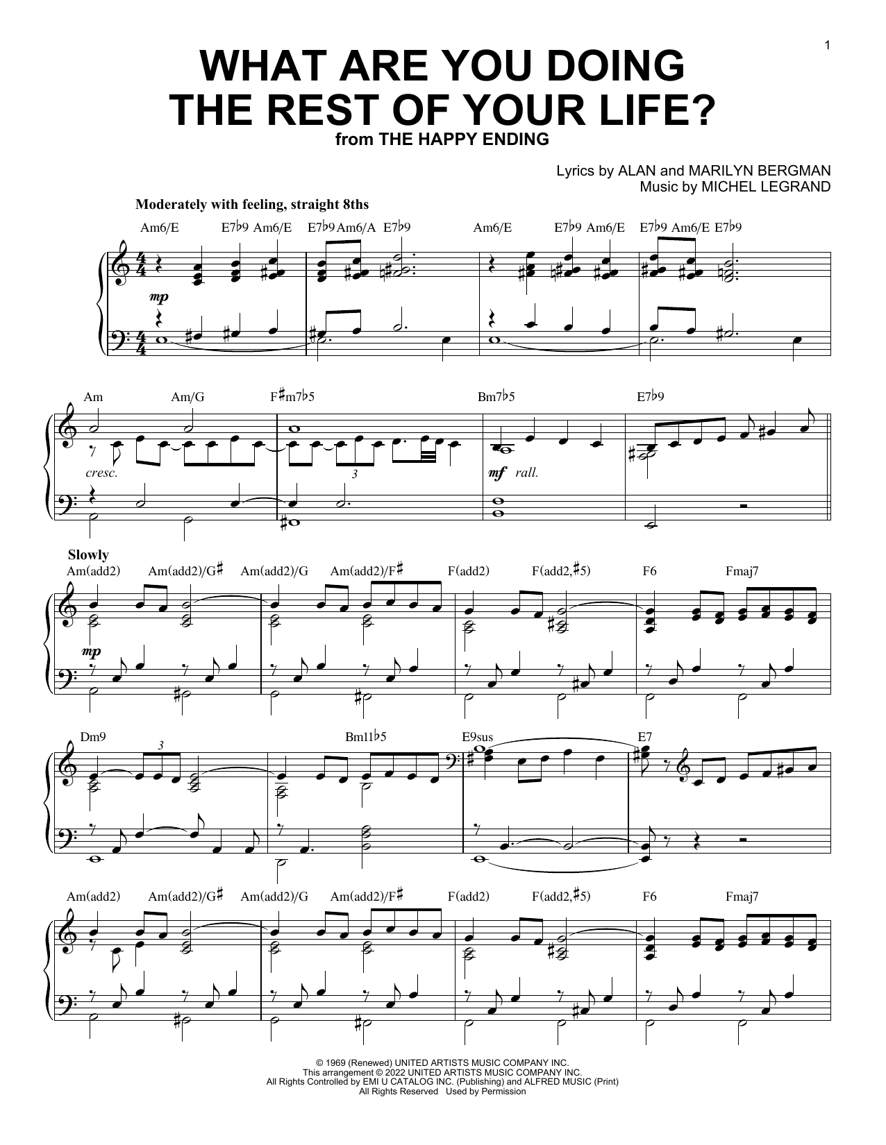 Download Alan and Marilyn Bergman and Michel Legrand What Are You Doing The Rest Of Your Life? [Jazz version] (arr. Brent Edstrom) Sheet Music and learn how to play Piano Solo PDF digital score in minutes