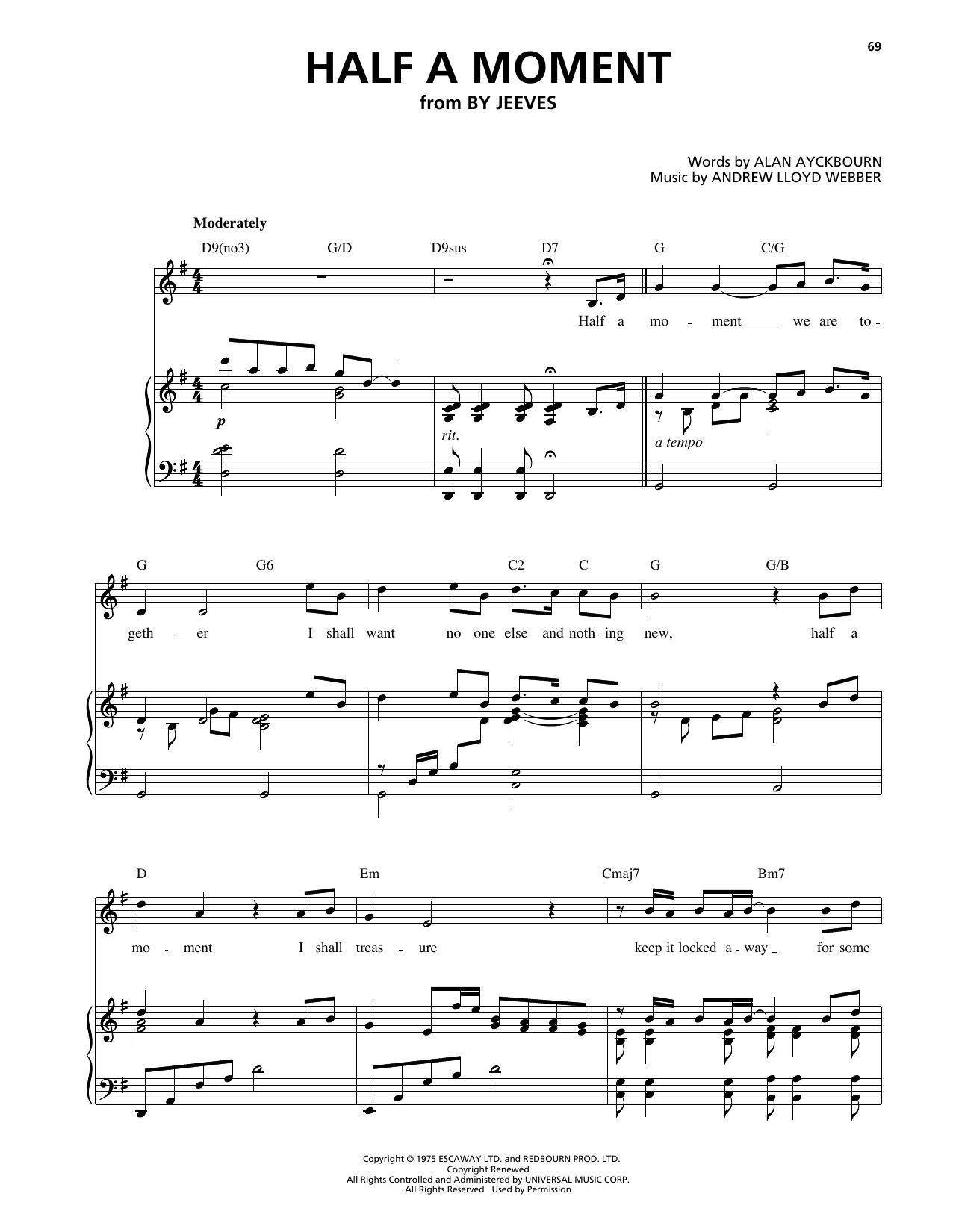 Download Alan Ayckbourn Half A Moment (from By Jeeves) Sheet Music and learn how to play Piano, Vocal & Guitar Chords (Right-Hand Melody) PDF digital score in minutes