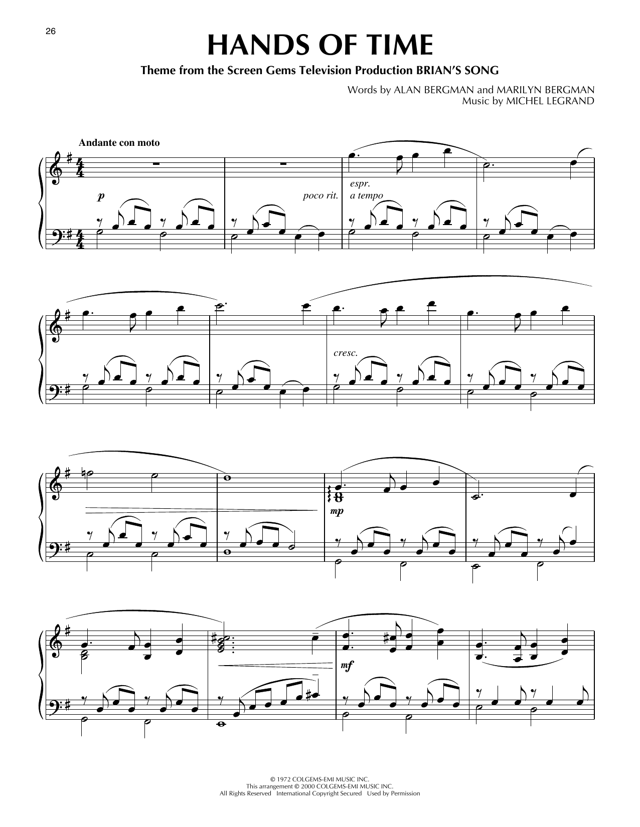 Download Alan Bergman Hands Of Time (from Brian's Song) (arr. Phillip Keveren) Sheet Music and learn how to play Piano Solo PDF digital score in minutes
