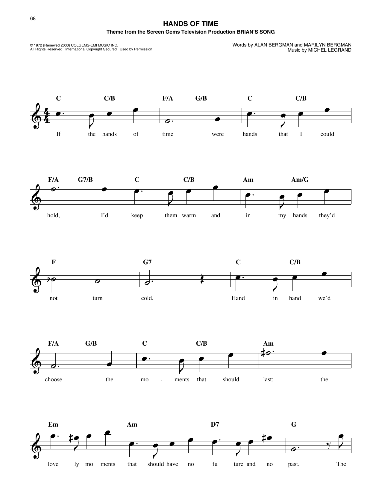 Download Alan Bergman Hands Of Time (from Brian's Song) Sheet Music and learn how to play Easy Lead Sheet / Fake Book PDF digital score in minutes