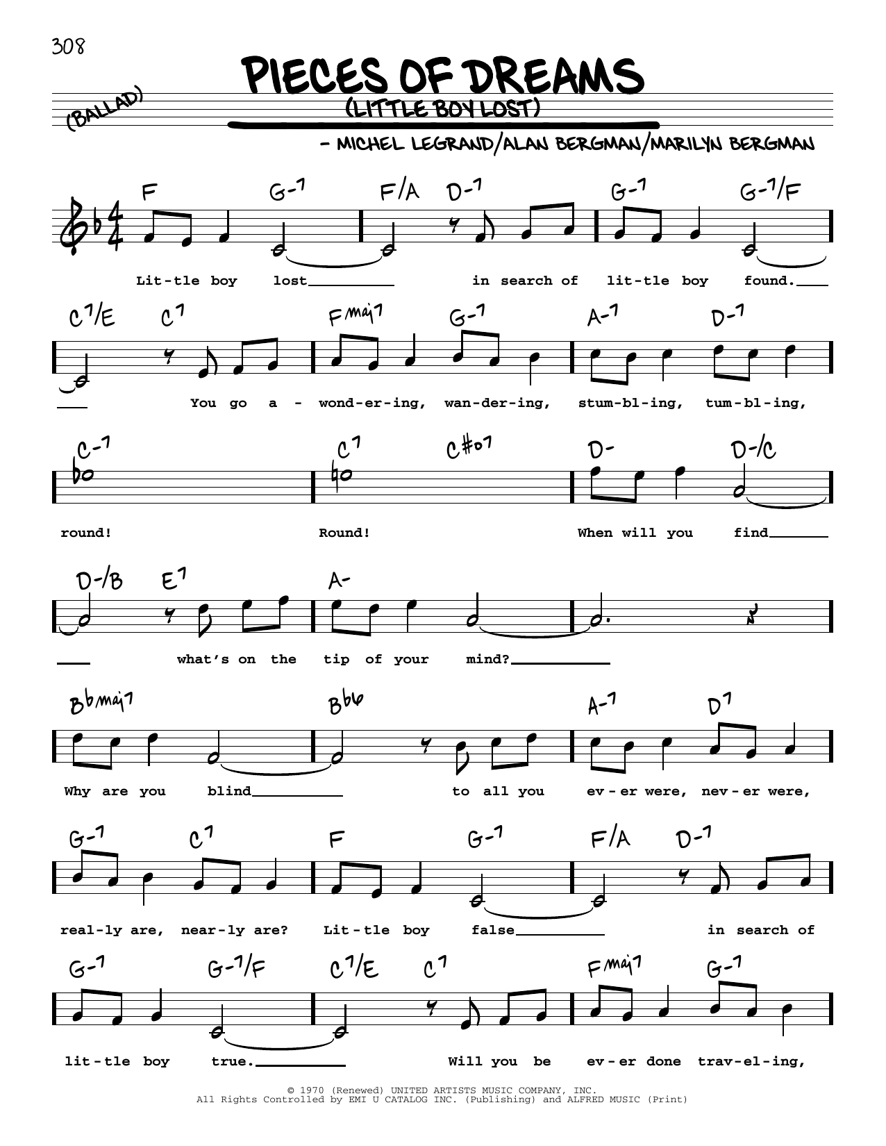 Download Alan Bergman Pieces Of Dreams (Little Boy Lost) (High Voice) Sheet Music and learn how to play Real Book – Melody, Lyrics & Chords PDF digital score in minutes