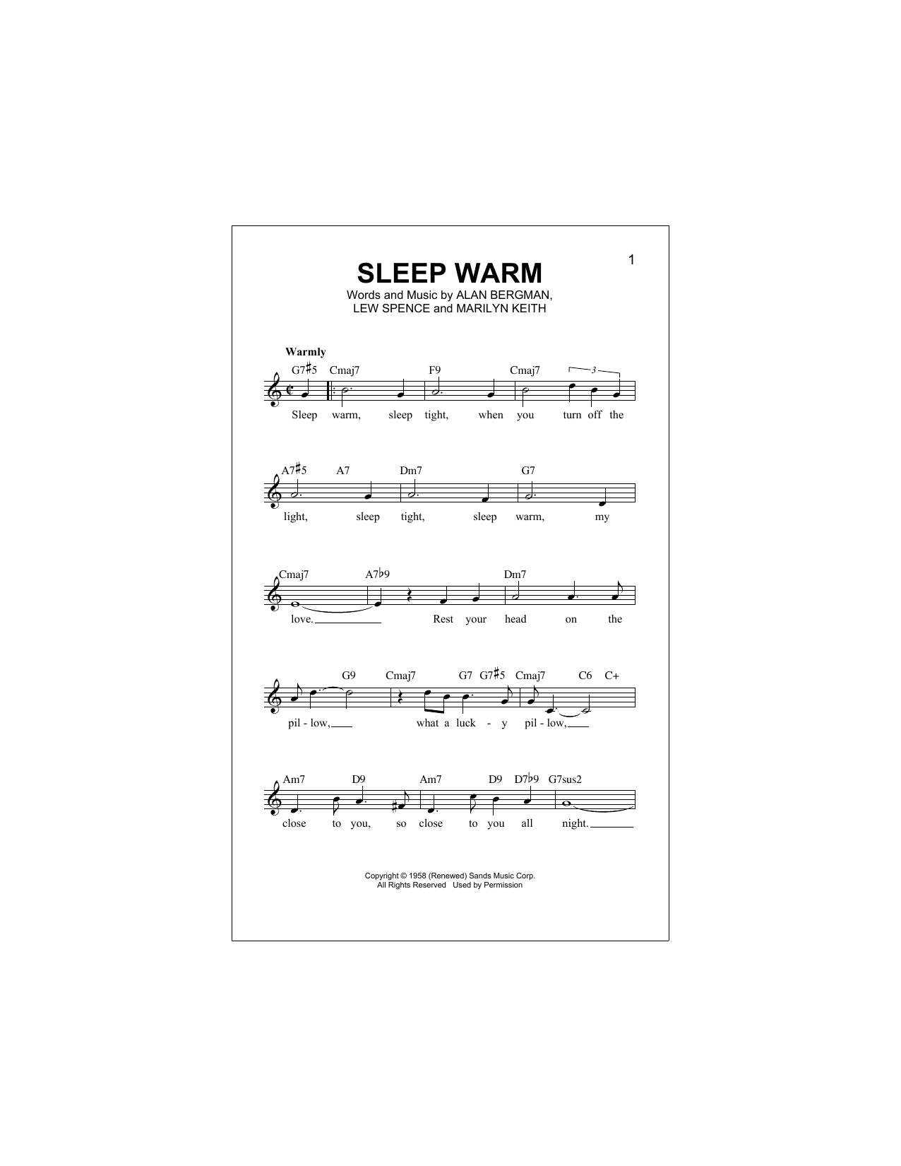 Download Alan Bergman Sleep Warm Sheet Music and learn how to play Real Book – Melody & Chords PDF digital score in minutes