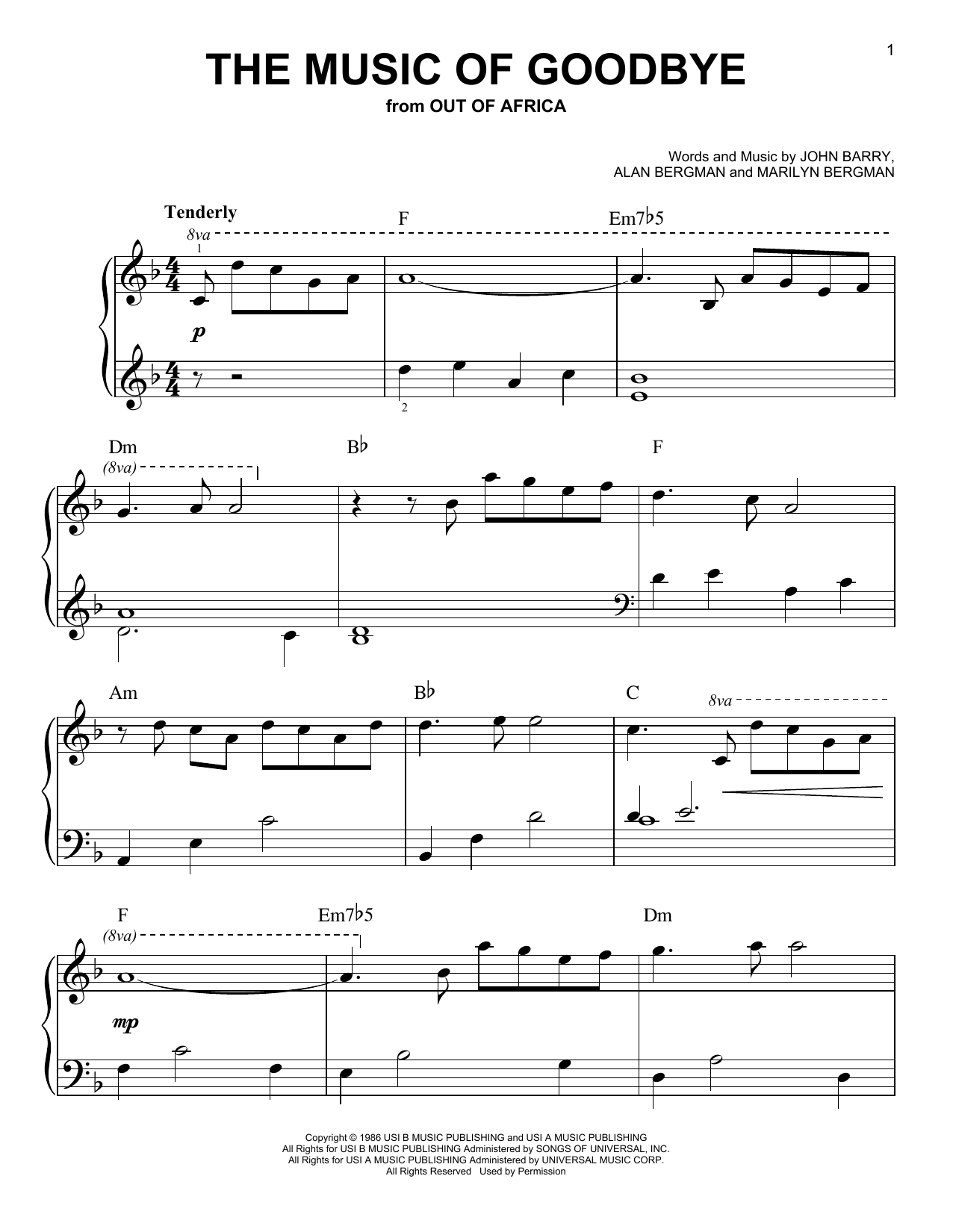 Download Alan Bergman The Music Of Goodbye (from Out of Africa) Sheet Music and learn how to play Very Easy Piano PDF digital score in minutes