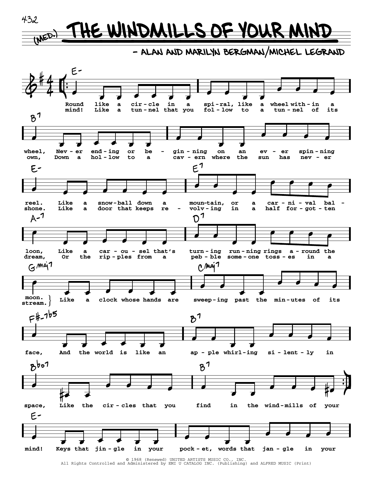 Download Alan Bergman The Windmills Of Your Mind (High Voice) Sheet Music and learn how to play Real Book – Melody, Lyrics & Chords PDF digital score in minutes