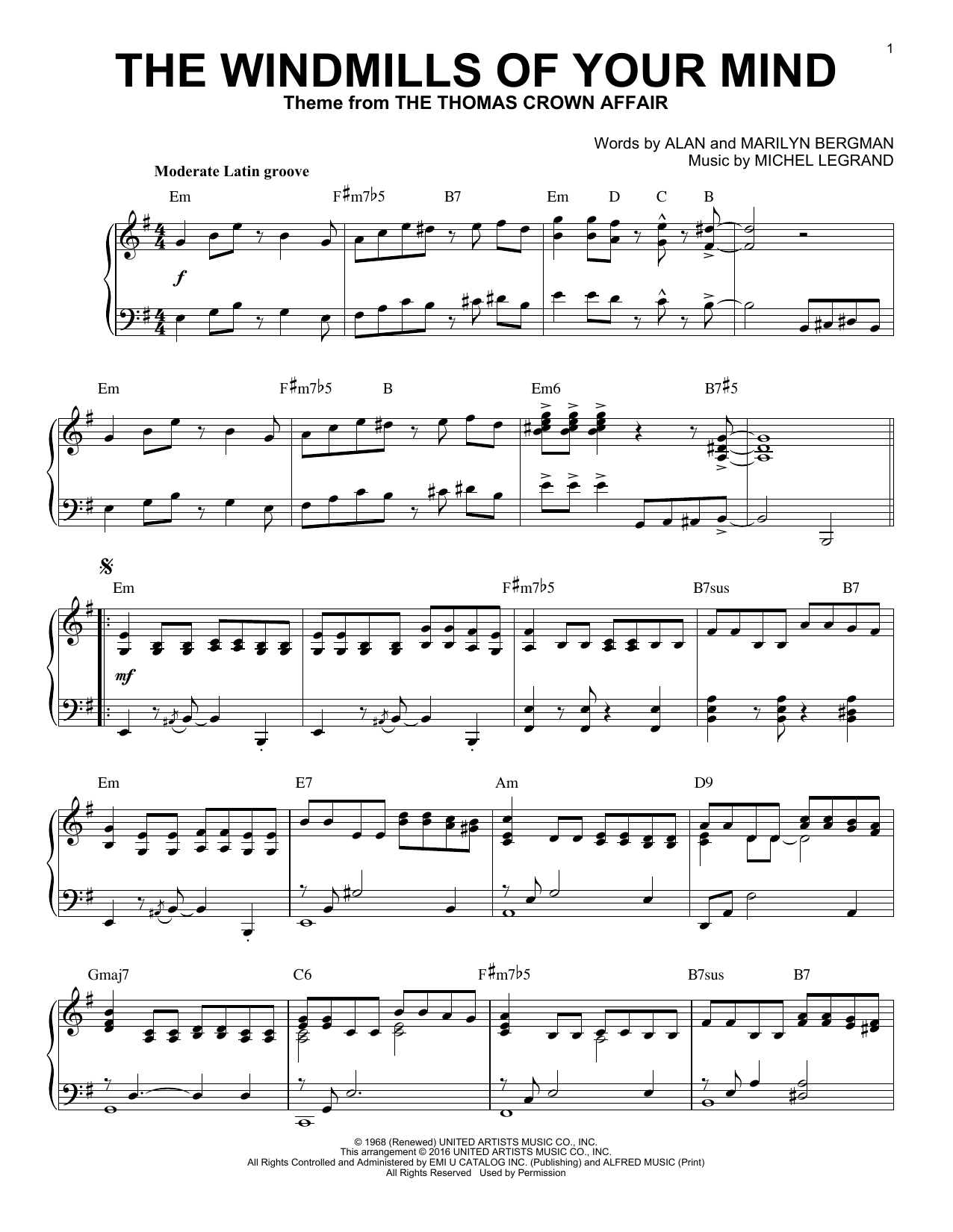Download Alan Bergman The Windmills Of Your Mind Sheet Music and learn how to play Piano PDF digital score in minutes