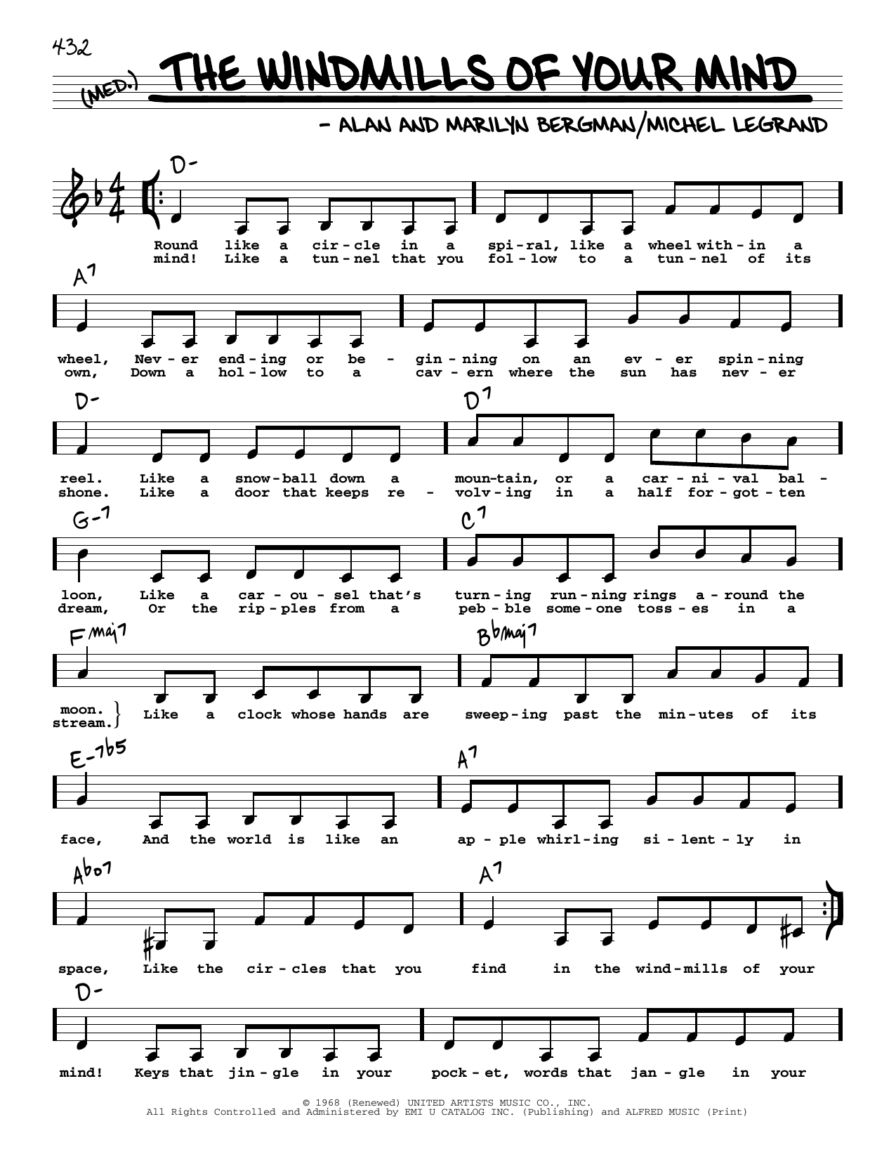 Download Alan Bergman The Windmills Of Your Mind (Low Voice) Sheet Music and learn how to play Real Book – Melody, Lyrics & Chords PDF digital score in minutes