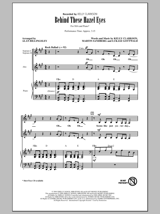 Download Kelly Clarkson Behind These Hazel Eyes (arr. Alan Billingsley) Sheet Music and learn how to play SSA PDF digital score in minutes