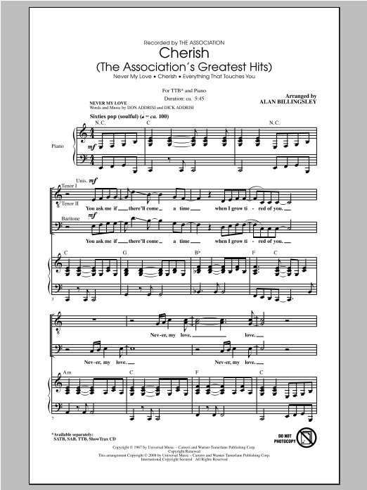 Download The Association Cherish (The Association's Greatest Hits) (arr. Alan Billingsley) Sheet Music and learn how to play TTBB PDF digital score in minutes