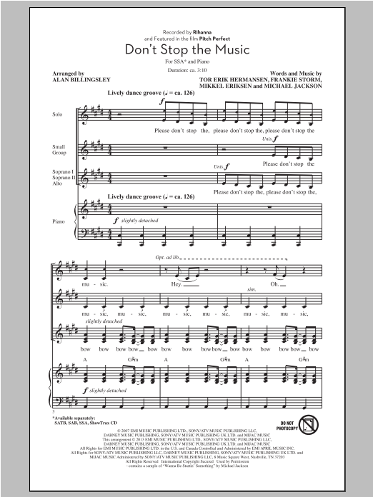 Download Rihanna Don't Stop The Music (arr. Alan Billingsley) Sheet Music and learn how to play SSA PDF digital score in minutes