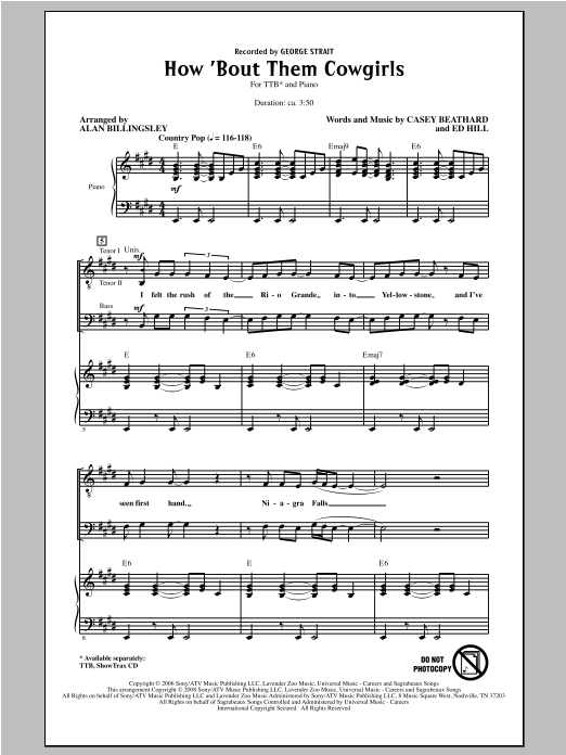 Download George Strait How 'Bout Them Cowgirls (arr. Alan Billingsley) Sheet Music and learn how to play TTBB PDF digital score in minutes