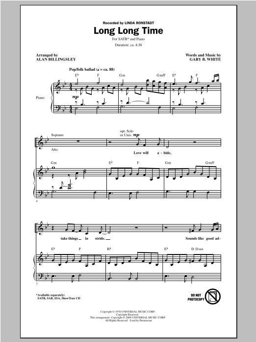 Download Linda Ronstadt Long Long Time (arr. Alan Billingsley) Sheet Music and learn how to play SATB PDF digital score in minutes