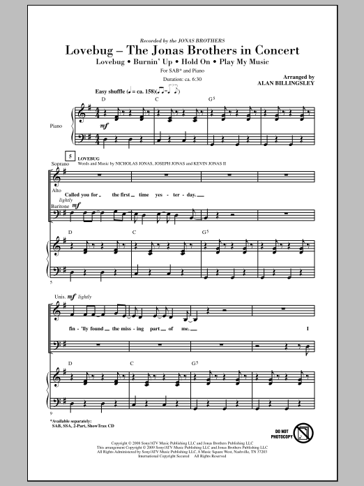 Download Alan Billingsley Lovebug - The Jonas Brothers In Concert (Medley) Sheet Music and learn how to play SAB Choir PDF digital score in minutes
