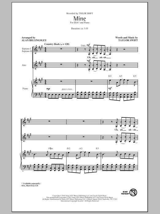 Download Taylor Swift Mine (arr. Alan Billingsley) Sheet Music and learn how to play SSA PDF digital score in minutes