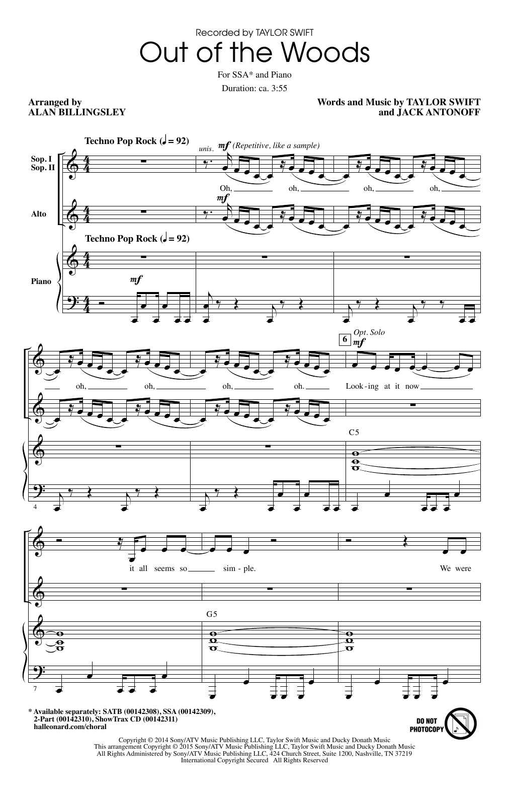 Download Taylor Swift Out Of The Woods (arr. Alan Billingsley) Sheet Music and learn how to play SSA PDF digital score in minutes