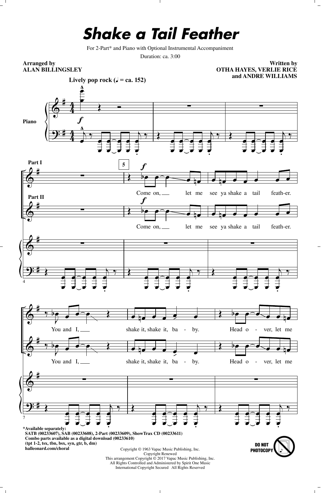 Download Alan Billingsley Shake A Tail Feather Sheet Music and learn how to play 2-Part Choir PDF digital score in minutes
