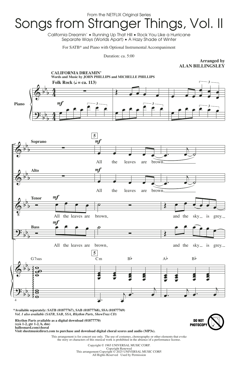 Download Alan Billingsley Songs from Stranger Things, Vol. II Sheet Music and learn how to play SSA Choir PDF digital score in minutes