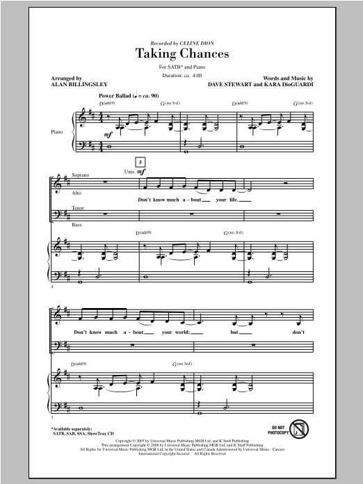 Download Celine Dion Taking Chances (arr. Alan Billingsley) Sheet Music and learn how to play SSA PDF digital score in minutes