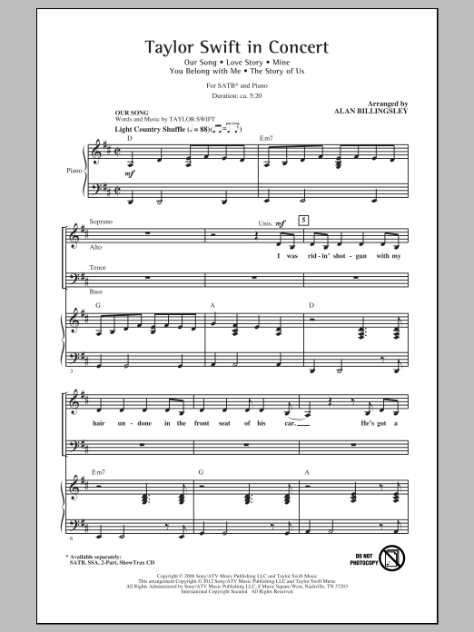 Download Alan Billingsley Taylor Swift In Concert (Medley) Sheet Music and learn how to play SATB PDF digital score in minutes