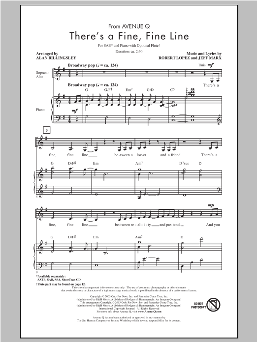 Download Avenue Q There's A Fine, Fine Line (arr. Alan Billingsley) Sheet Music and learn how to play SAB PDF digital score in minutes