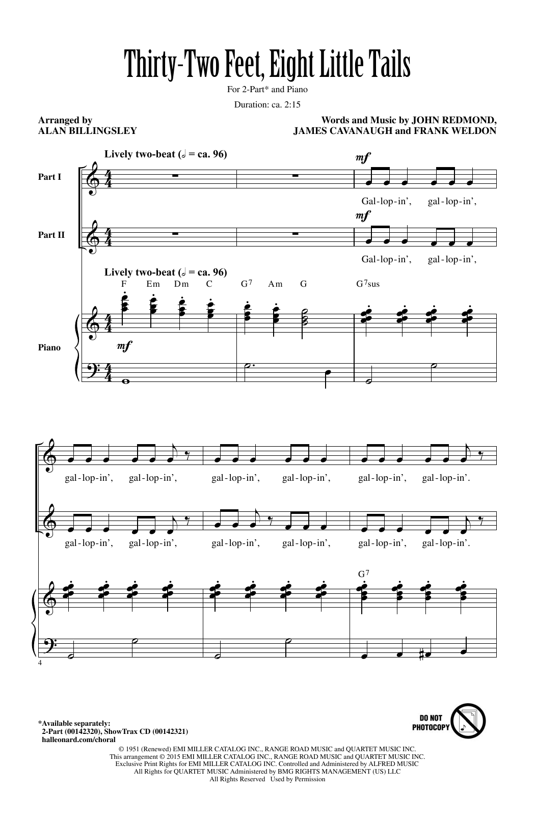 Download Gene Autry Thirty-Two Feet, Eight Little Tails (arr. Alan Billingsley) Sheet Music and learn how to play 2-Part Choir PDF digital score in minutes