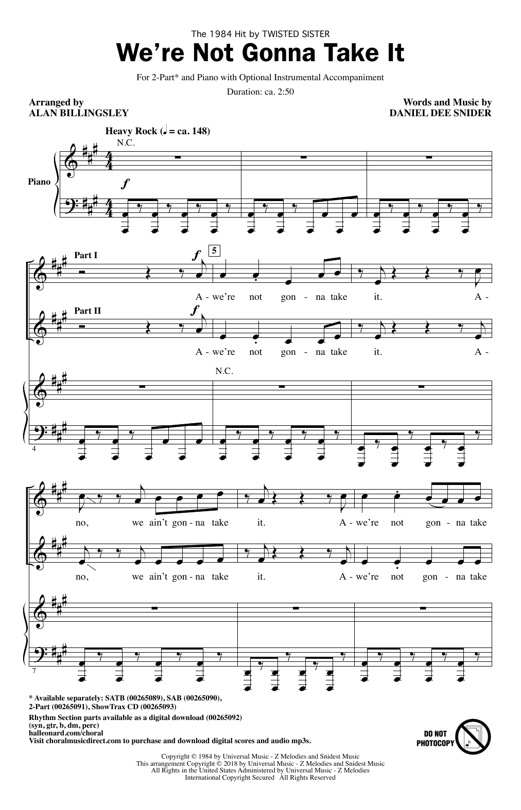 Download Alan Billingsley We're Not Gonna Take It Sheet Music and learn how to play 2-Part Choir PDF digital score in minutes