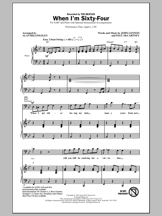 Download Alan Billingsley When I'm Sixty-Four Sheet Music and learn how to play SAB PDF digital score in minutes
