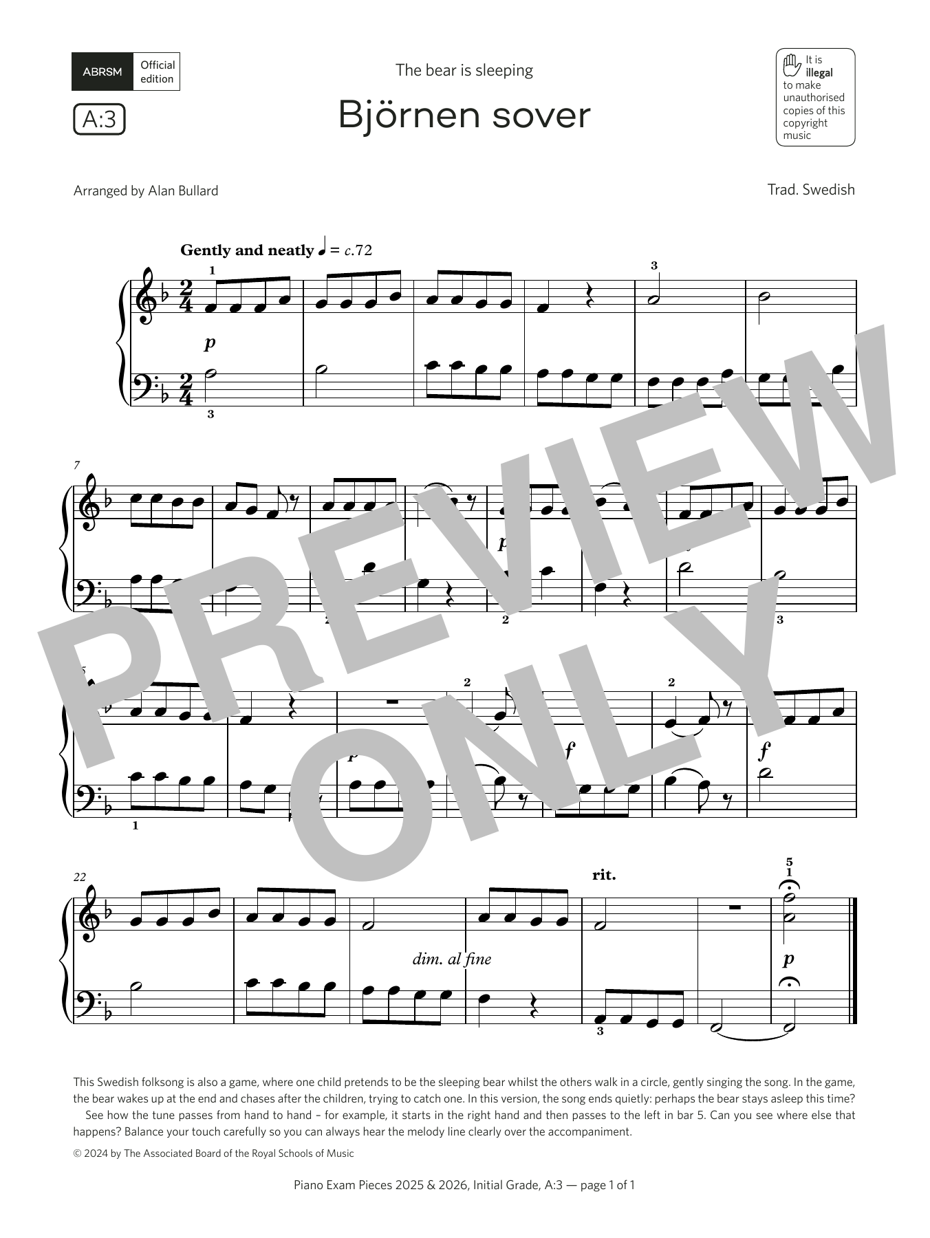 Download Alan Bullard Bjørnen sover (Grade Initial, list A3, from the ABRSM Piano Syllabus 2025 & 202 Sheet Music and learn how to play Piano Solo PDF digital score in minutes