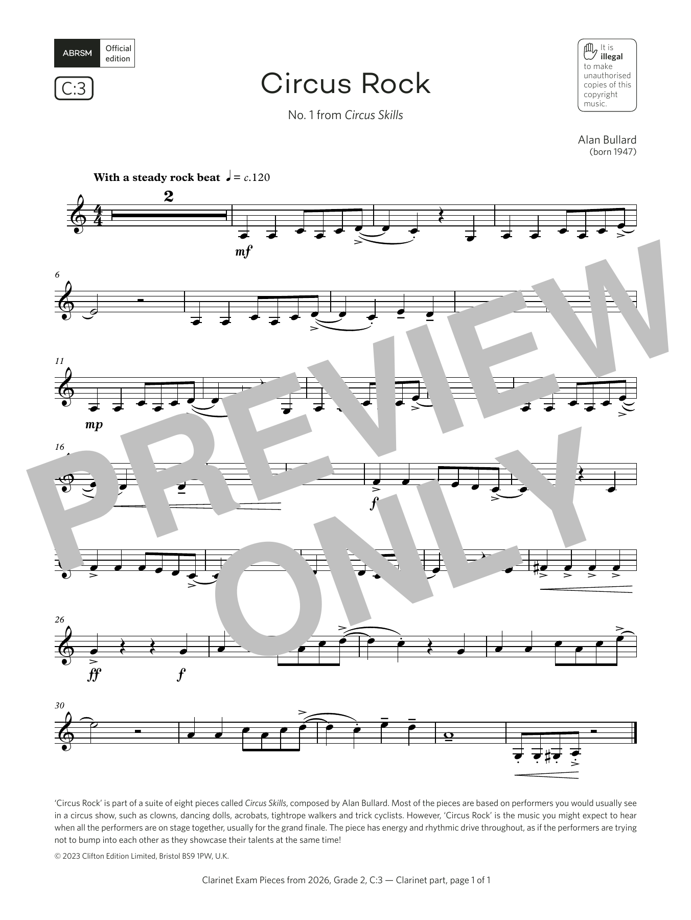Download Alan Bullard Circus Rock (Grade 2, list C3, from the ABRSM Clarinet Syllabus from 2026) Sheet Music and learn how to play Clarinet Solo PDF digital score in minutes